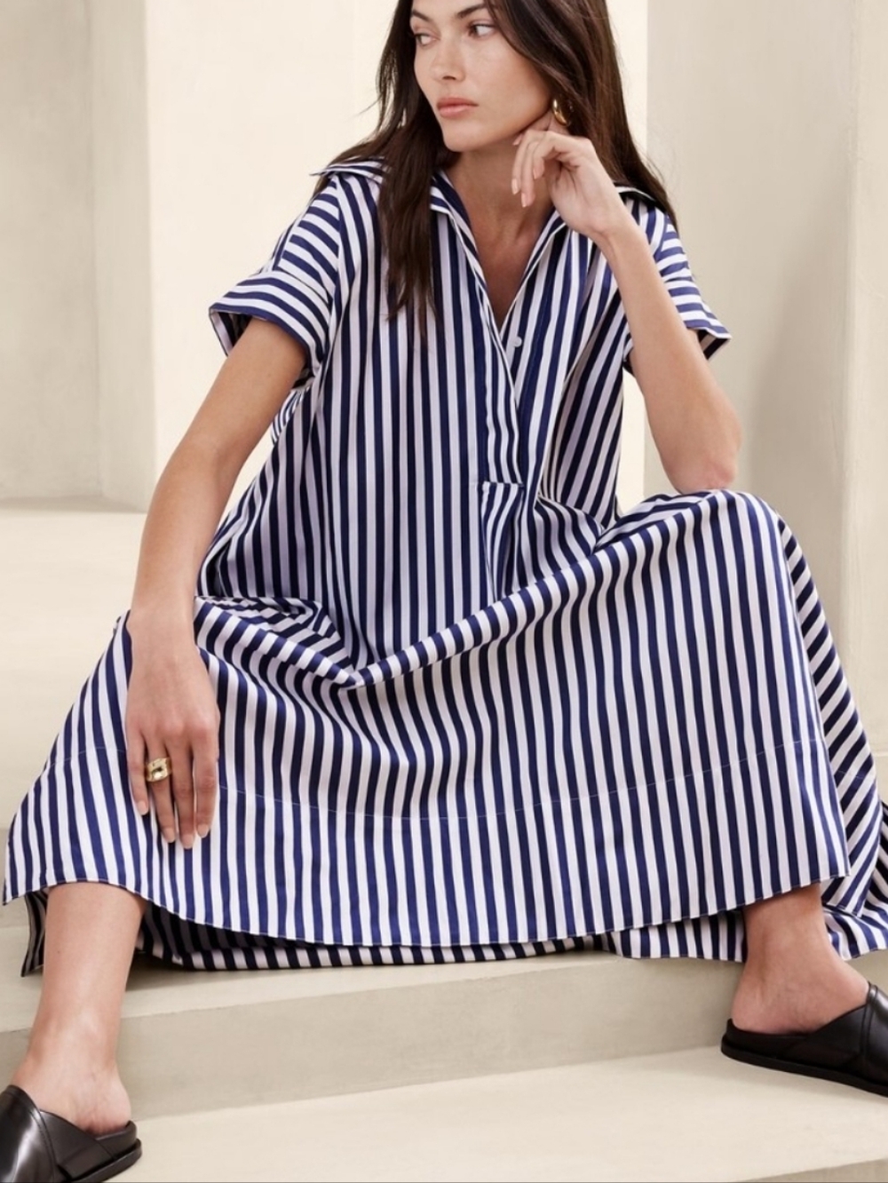 Banana Republic BR Navy and White Vertical Stripe Maxi Shirt Dress XL/XXL